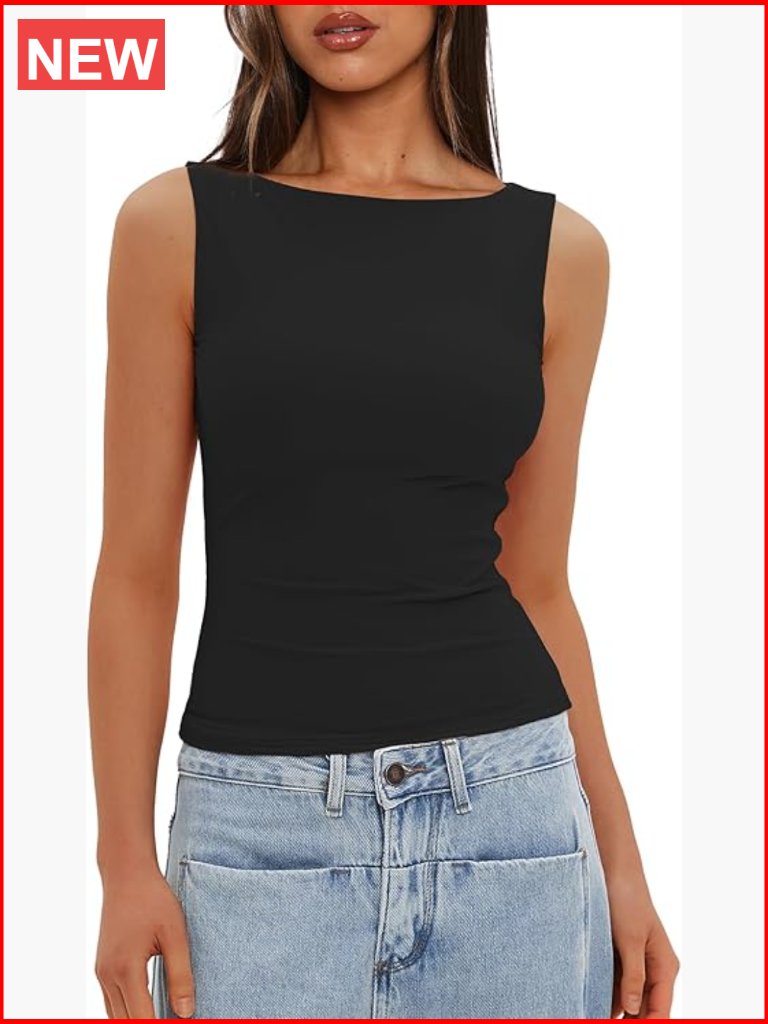 Boat Neck Sleeveless Double Lined Tank Top - Going Out Casual Basic